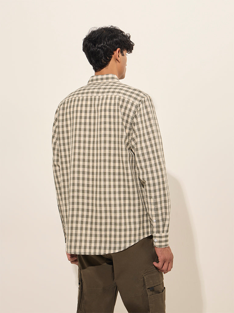 WES Casuals Olive Checks Design Relaxed-Fit Cotton Shirt