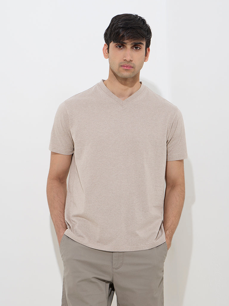 WES Casuals Beige Slim-Fit Cotton T-Shirt