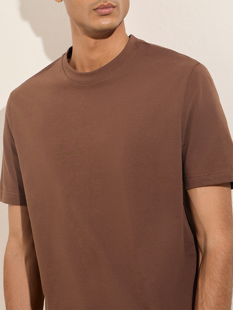 WES Casuals Brown Solid Slim-Fit Cotton T-Shirt