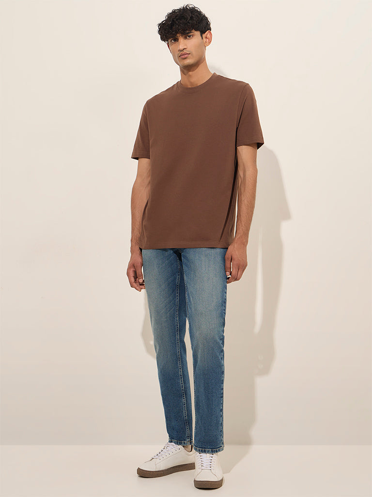 WES Casuals Brown Solid Slim-Fit Cotton T-Shirt