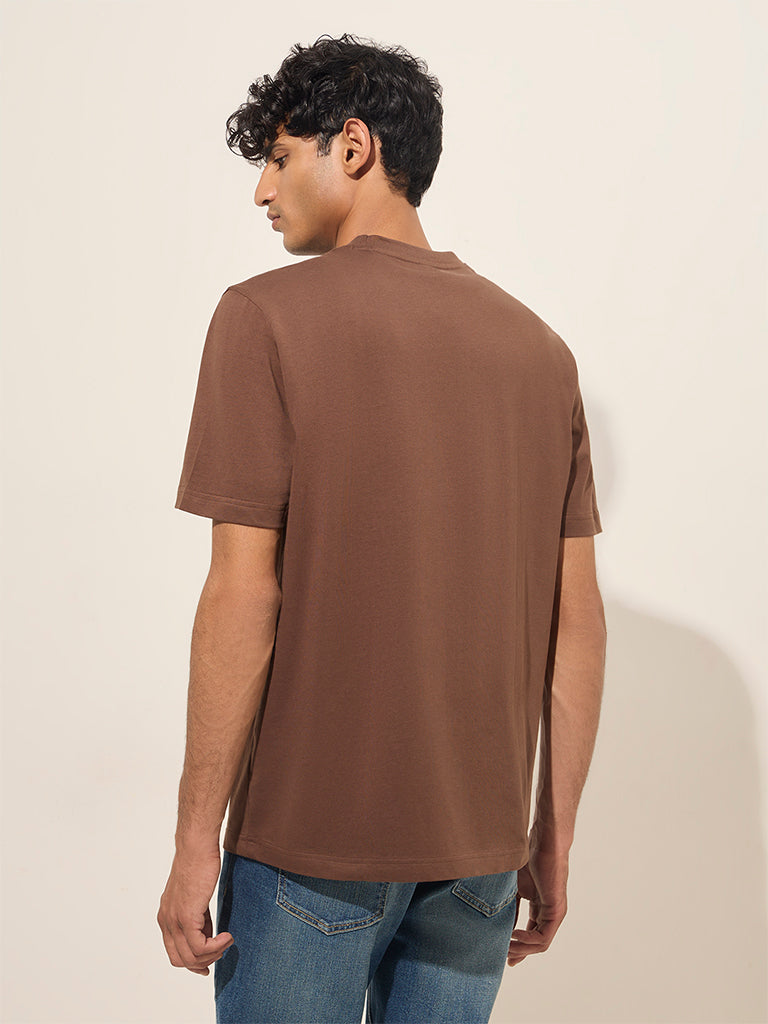 WES Casuals Brown Solid Slim-Fit Cotton T-Shirt