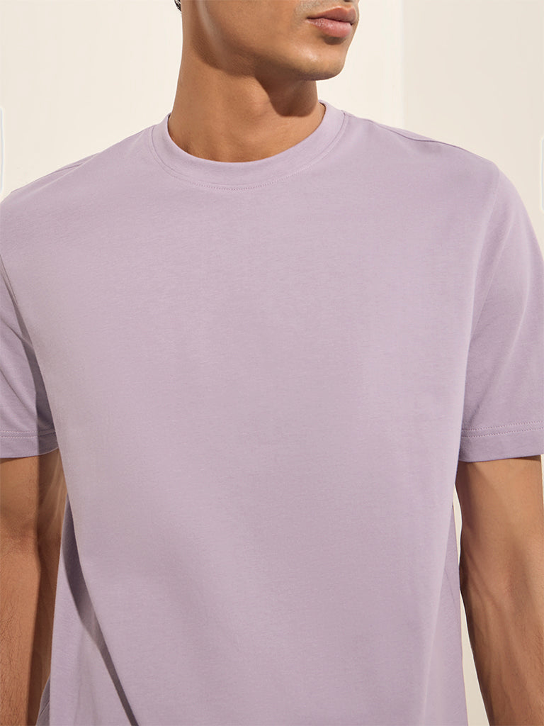 WES Casuals Lilac Solid Slim-Fit Cotton T-Shirt