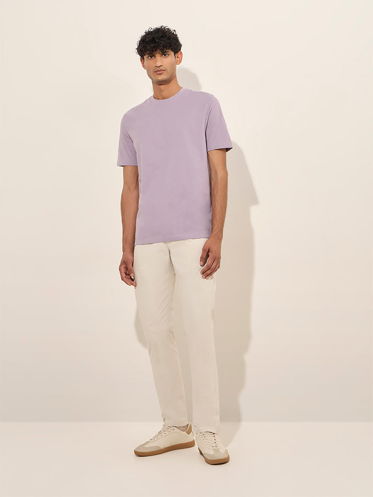 WES Casuals Lilac Solid Slim-Fit Cotton T-Shirt