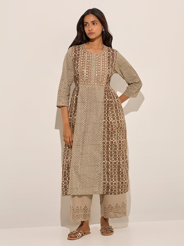 Utsa Brown Mirror Detailed Cotton A-Line Kurta