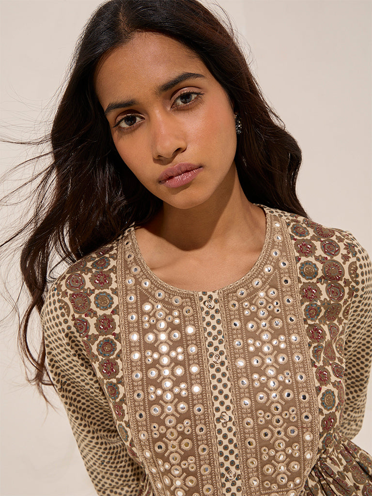 Utsa Brown Mirror Detailed Cotton A-Line Kurta