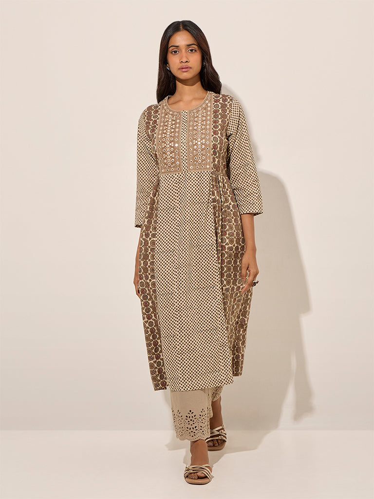 Utsa Brown Mirror Detailed Cotton A-Line Kurta