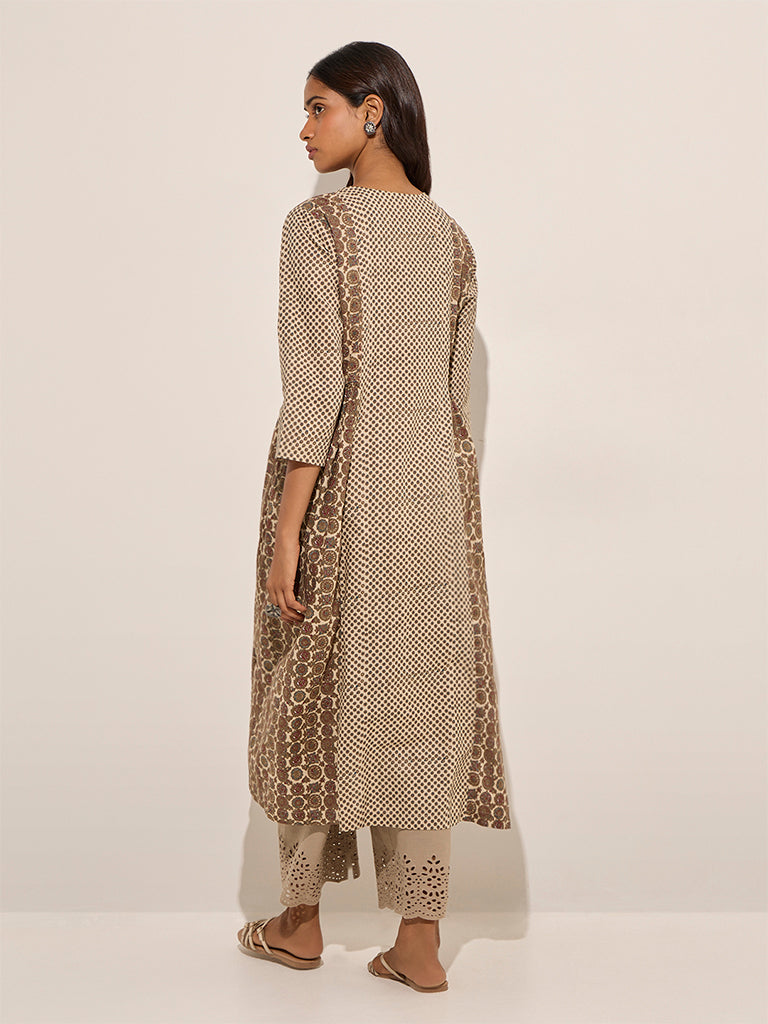 Utsa Brown Mirror Detailed Cotton A-Line Kurta