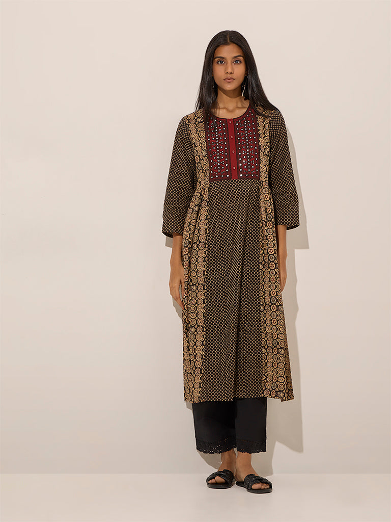 Utsa Black Embellished Cotton A-Line Kurta