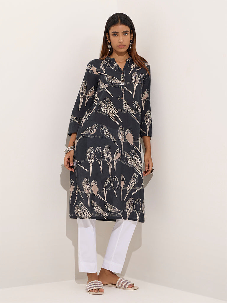 Utsa Black Bird Printed Straight Cotton Kurta