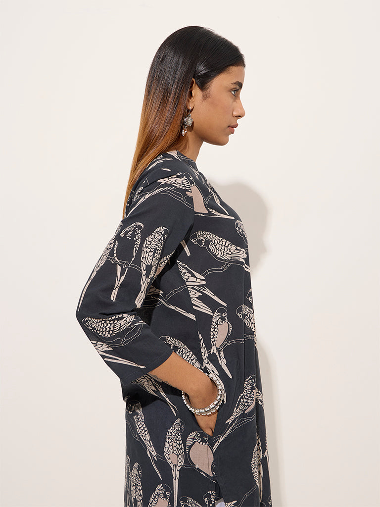 Utsa Black Bird Printed Straight Cotton Kurta