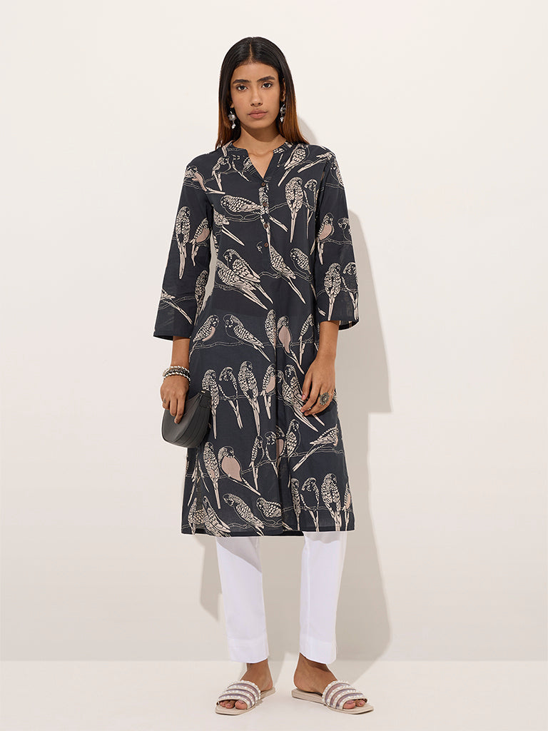 Utsa Black Bird Printed Straight Cotton Kurta