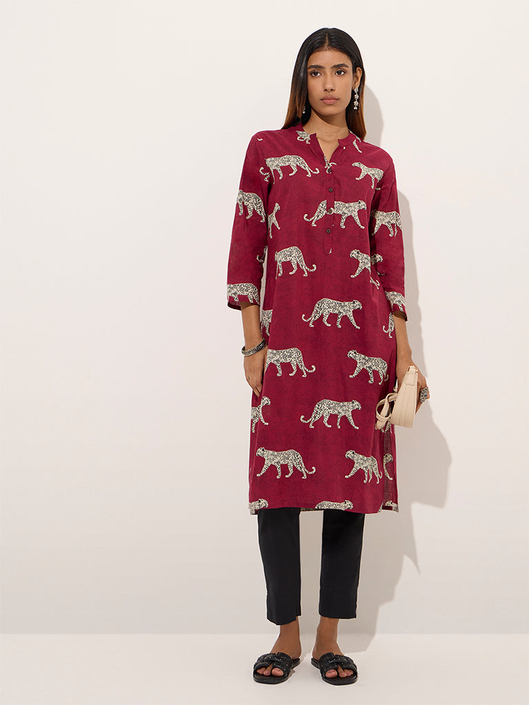 Utsa Maroon Animal Printed Cotton Straight Kurta