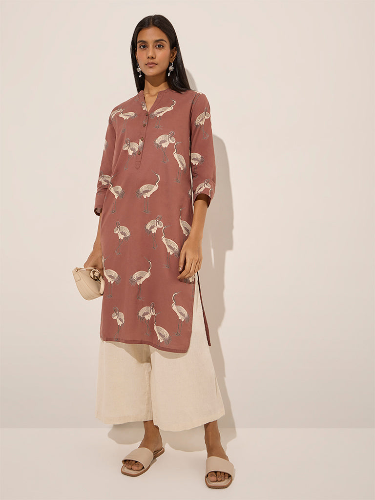 Utsa Brown Crane Printed Straight Cotton Kurta