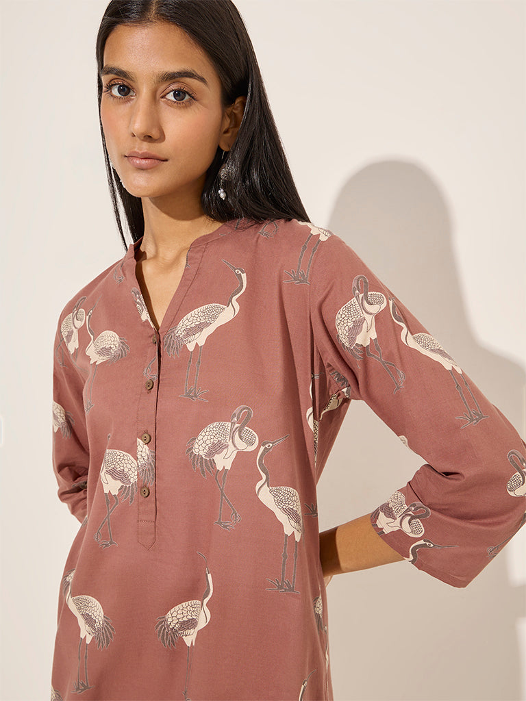 Utsa Brown Crane Printed Straight Cotton Kurta