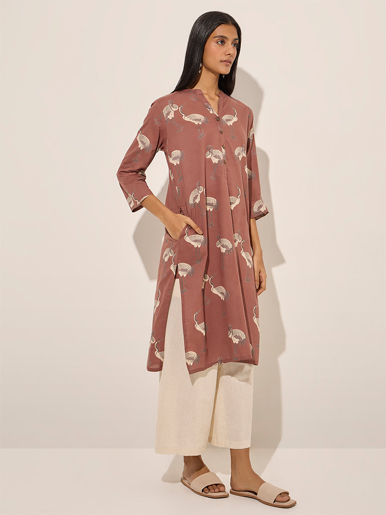 Utsa Brown Crane Printed Straight Cotton Kurta