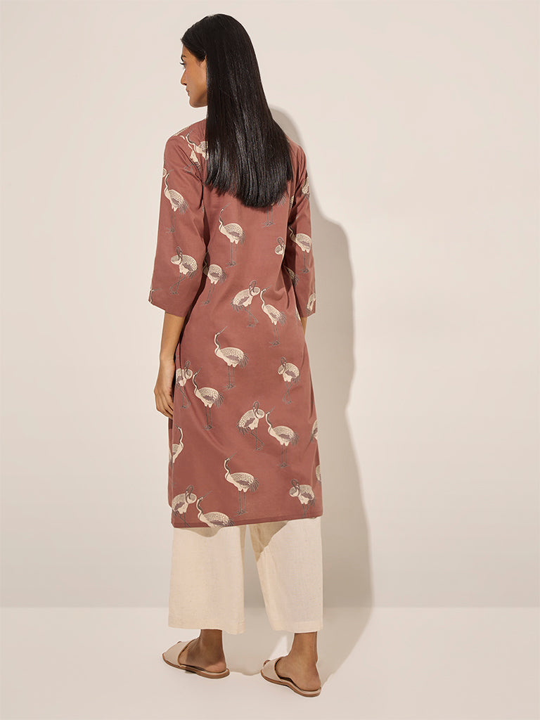 Utsa Brown Crane Printed Straight Cotton Kurta