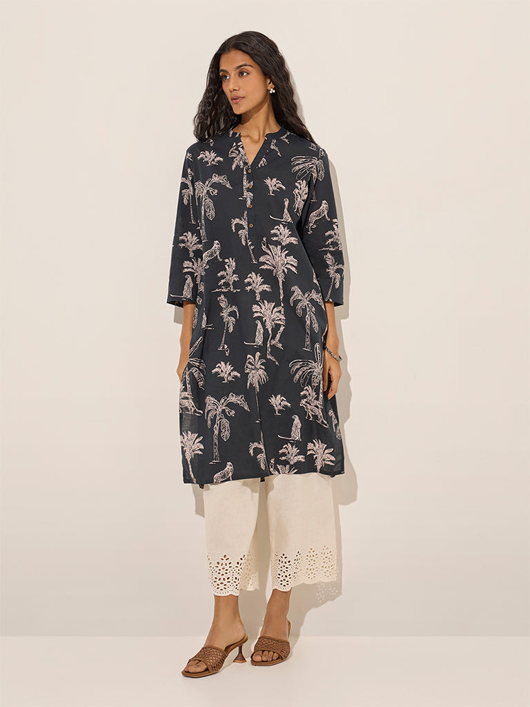 Utsa Black Nature-Themed Straight Cotton Kurta