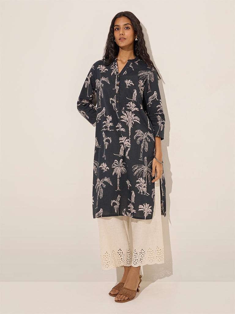 Utsa Black Nature-Themed Straight Cotton Kurta