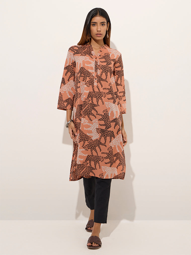 Utsa Peach Animal Printed Straight Cotton Kurta