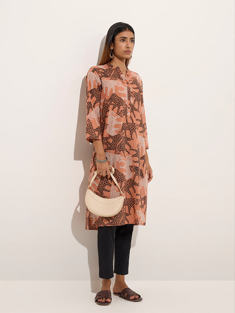 Utsa Peach Animal Printed Straight Cotton Kurta