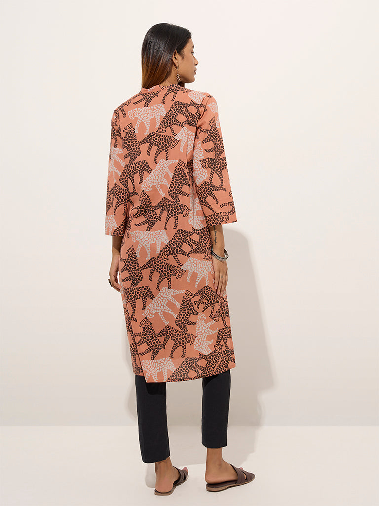 Utsa Peach Animal Printed Straight Cotton Kurta