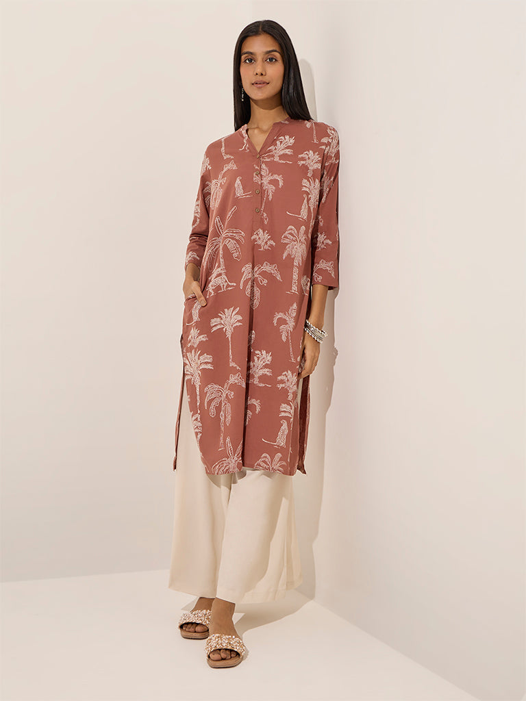 Utsa Brown Nature-Themed Straight Cotton Kurta