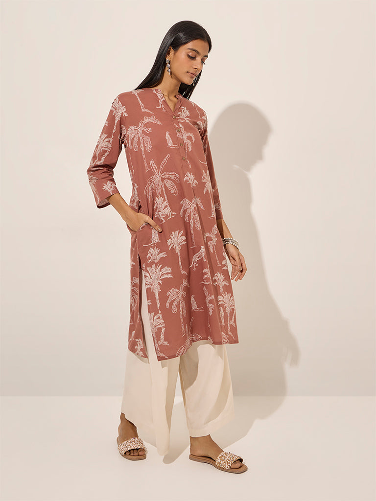 Utsa Brown Nature-Themed Straight Cotton Kurta