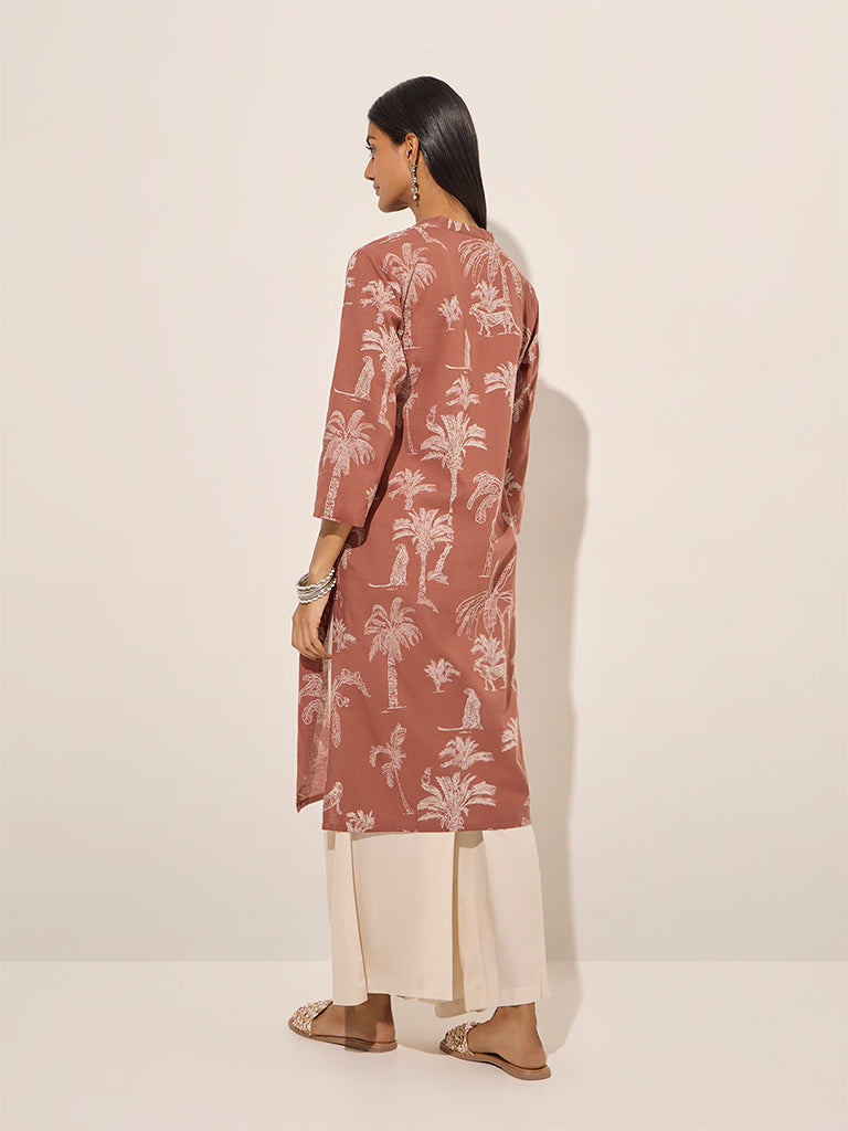 Utsa Brown Nature-Themed Straight Cotton Kurta