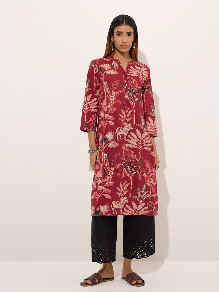 Utsa Maroon Animal Printed Straight Cotton Kurta