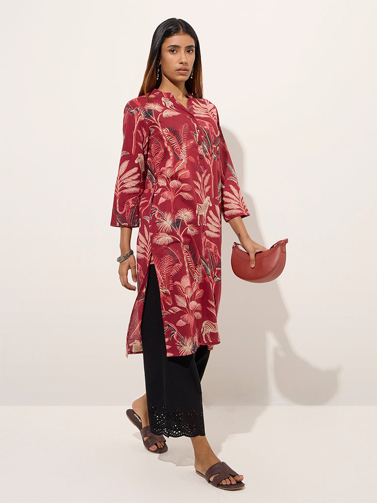 Utsa Maroon Animal Printed Straight Cotton Kurta