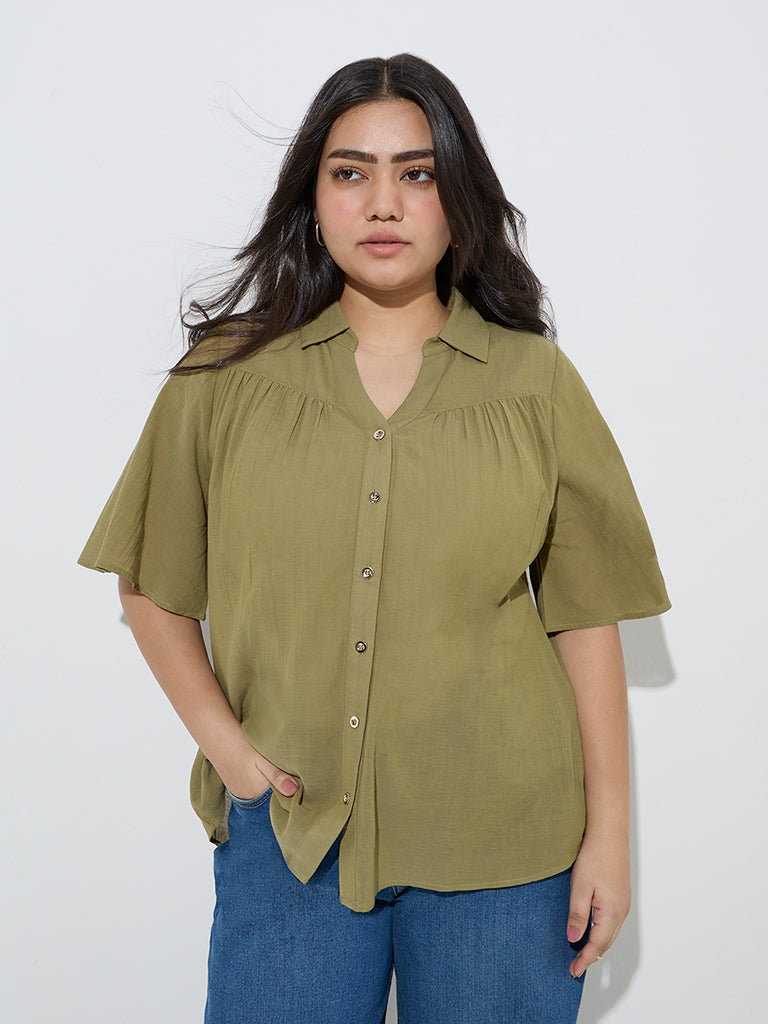 Gia Olive Crinkle-Textured Blouse