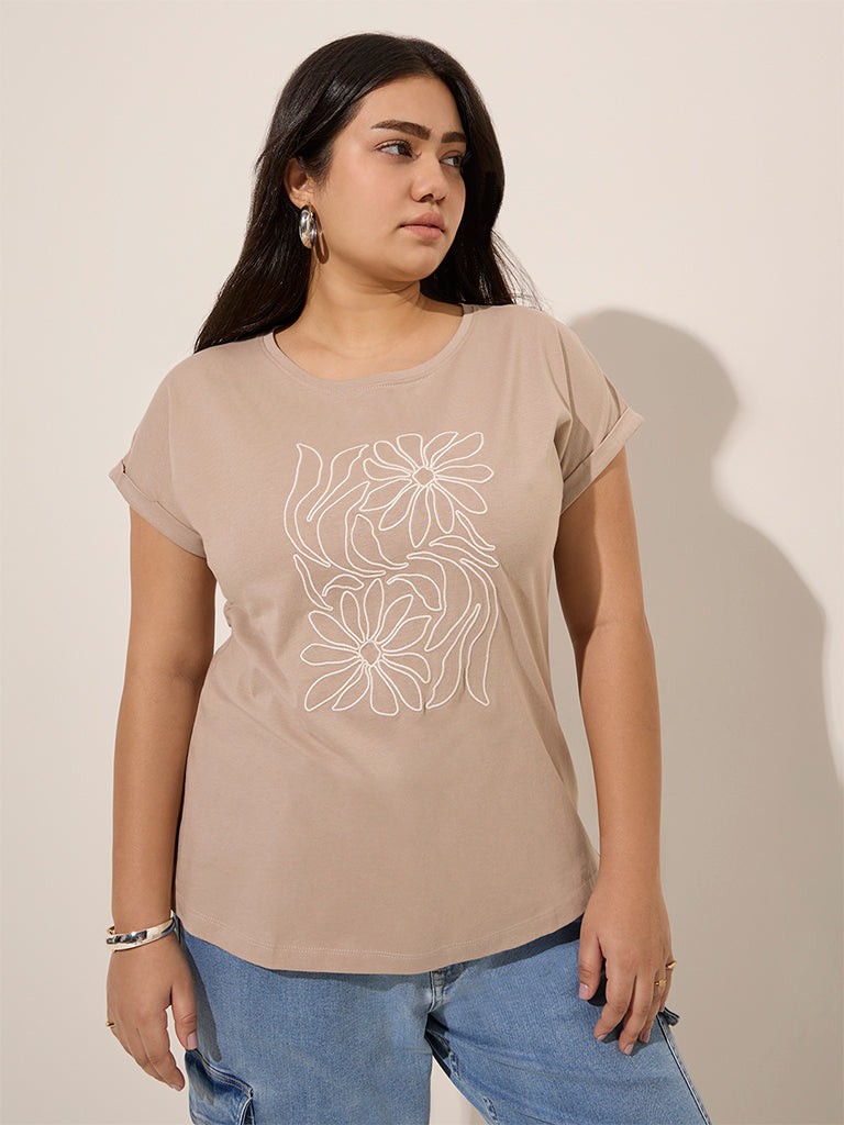 Gia Beige Floral Embroidered Cotton-Blend T-Shirt