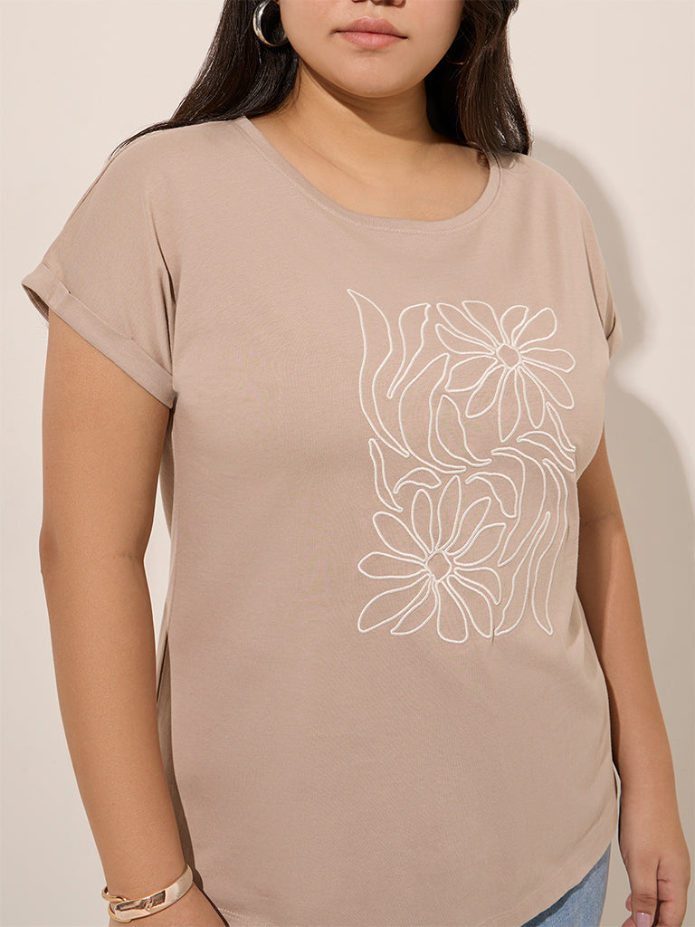 Gia Beige Floral Embroidered Cotton-Blend T-Shirt