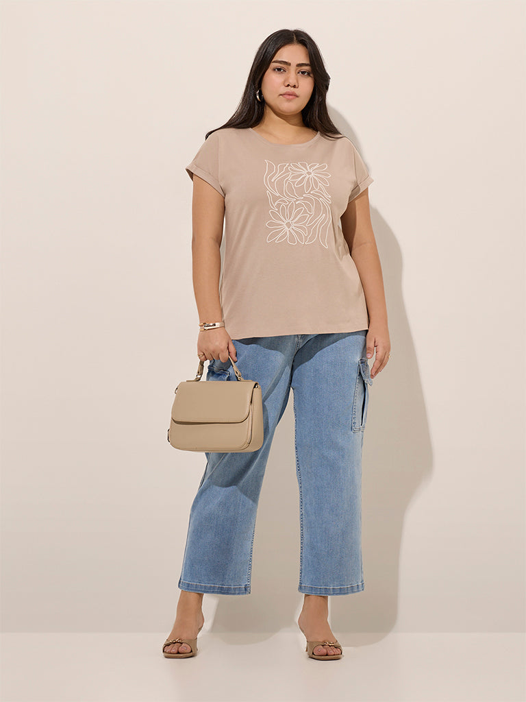 Gia Beige Floral Embroidered Cotton-Blend T-Shirt