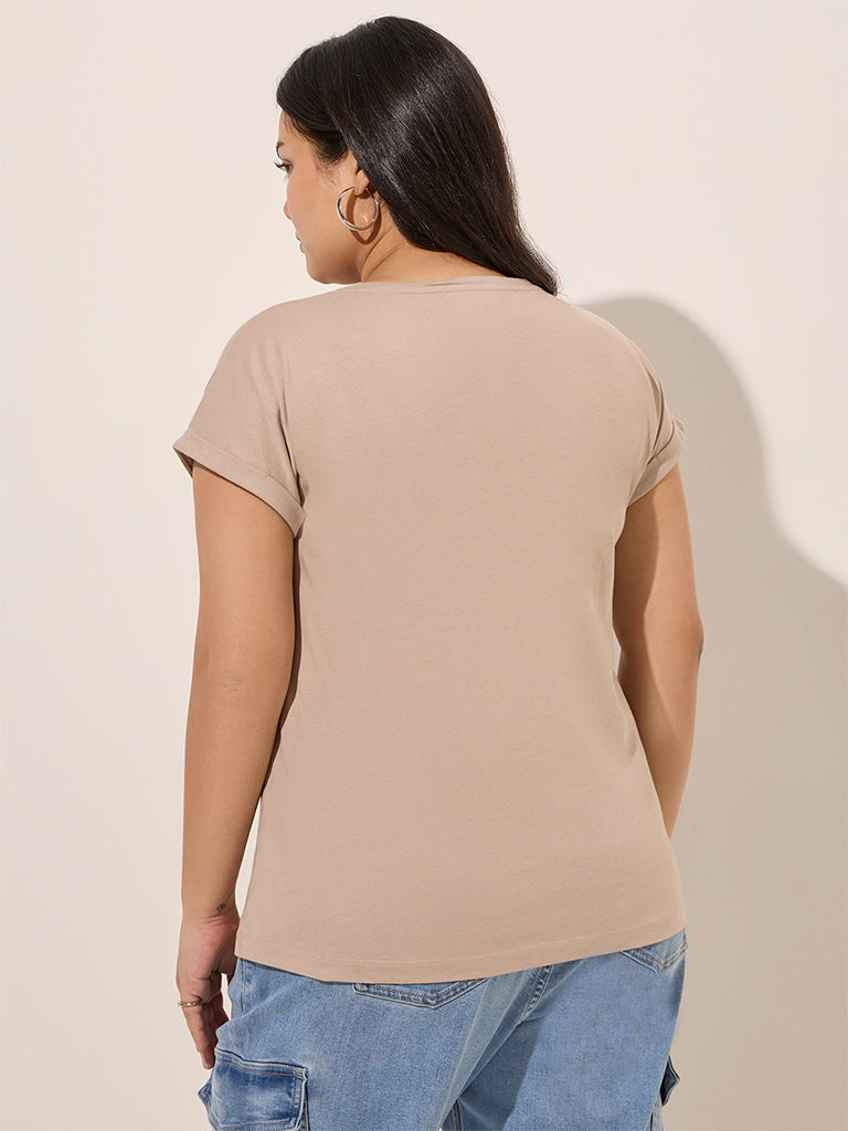 Gia Beige Floral Embroidered Cotton-Blend T-Shirt