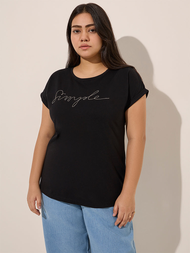 Gia Black Text Printed Cotton T-Shirt