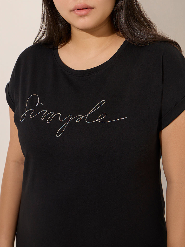 Gia Black Text Printed Cotton T-Shirt