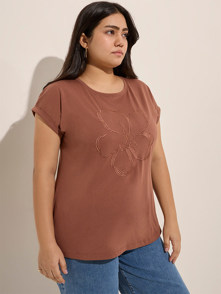 Gia Brown Floral Embroidered Cotton T-Shirt