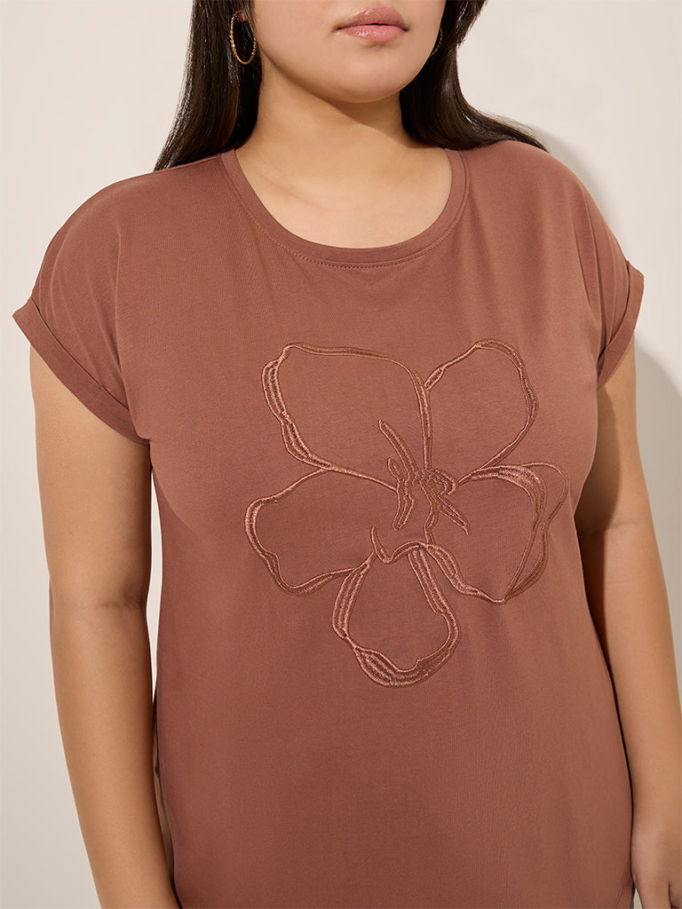 Gia Brown Floral Embroidered Cotton T-Shirt