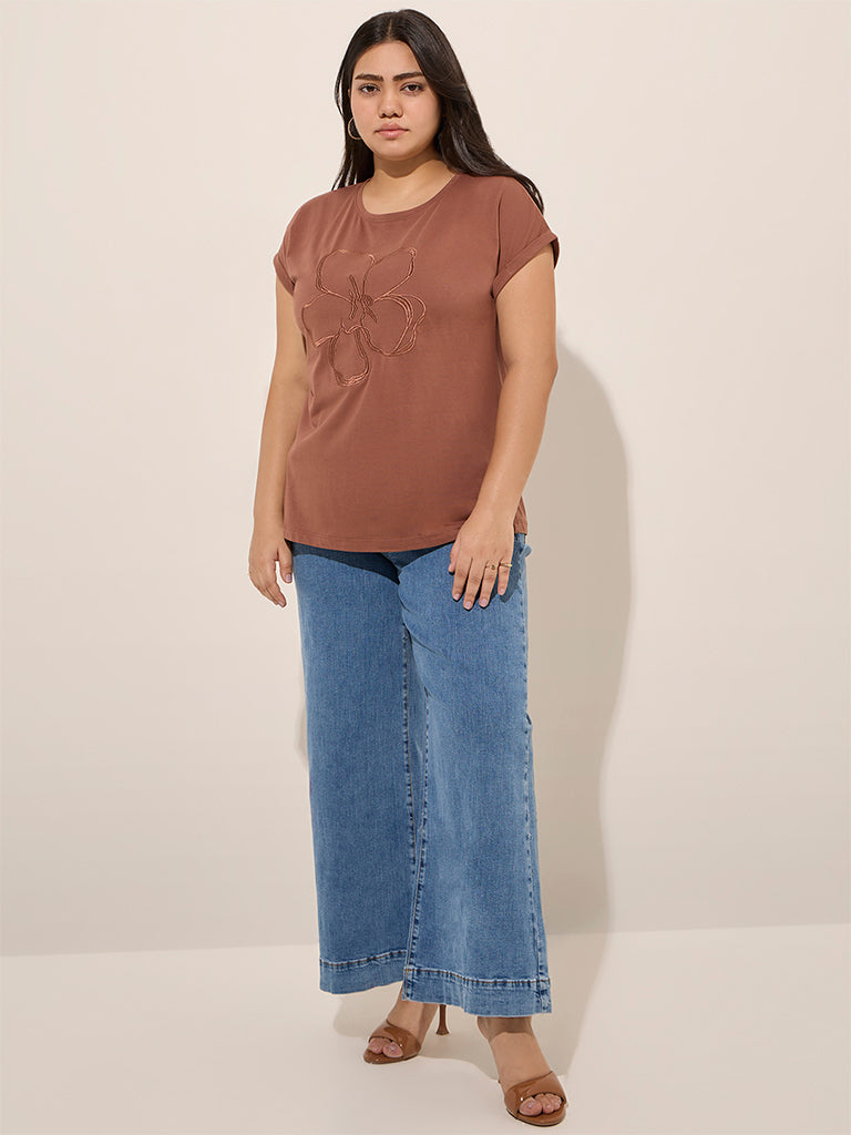 Gia Brown Floral Embroidered Cotton T-Shirt