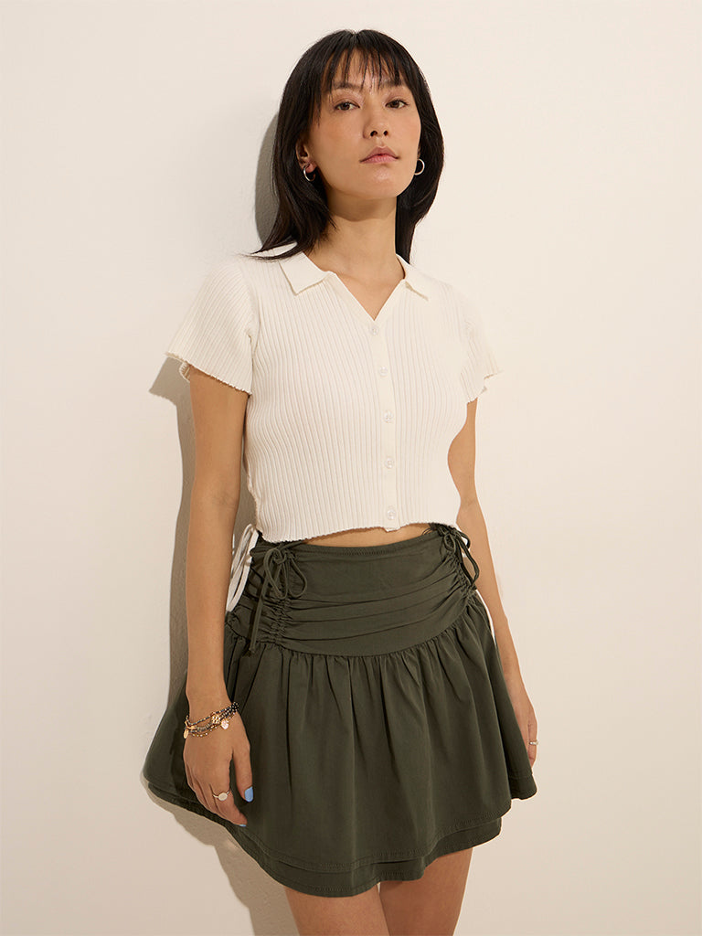 Nuon White Ribbed Knit-Detail Top