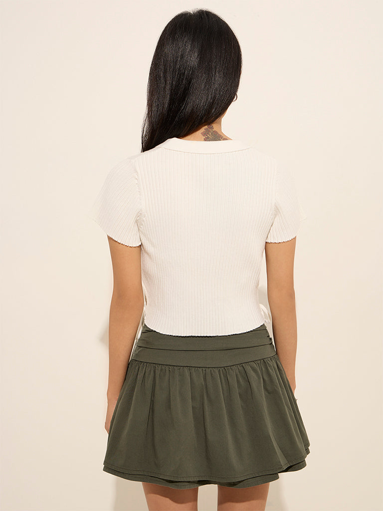 Nuon White Ribbed Knit-Detail Top