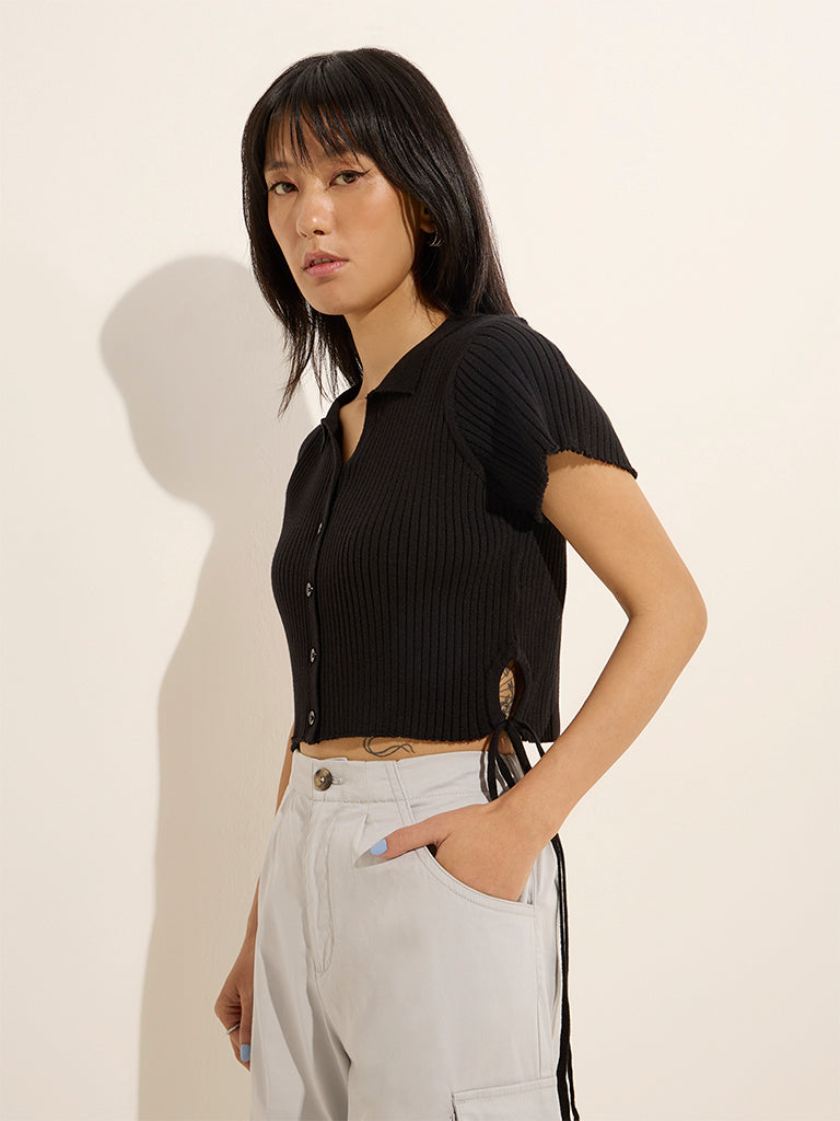 Nuon Black Ribbed Knit-Detail Top