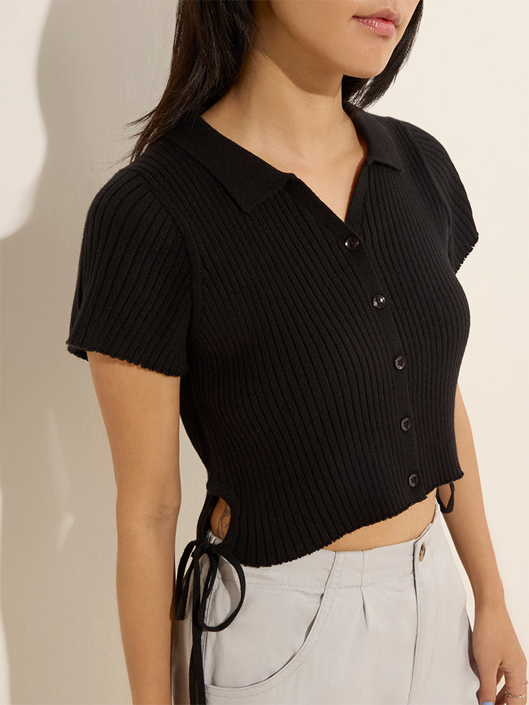 Nuon Black Ribbed Knit-Detail Top