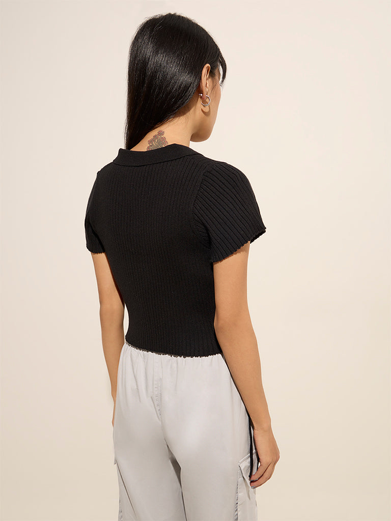 Nuon Black Ribbed Knit-Detail Top