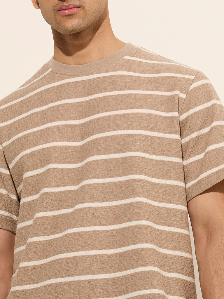 WES Casuals Beige Striped Relaxed-Fit Cotton T-Shirt