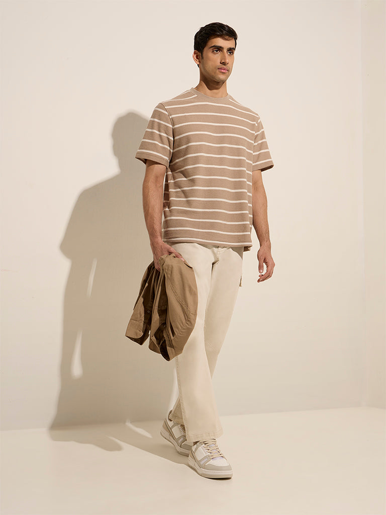 WES Casuals Beige Striped Relaxed-Fit Cotton T-Shirt