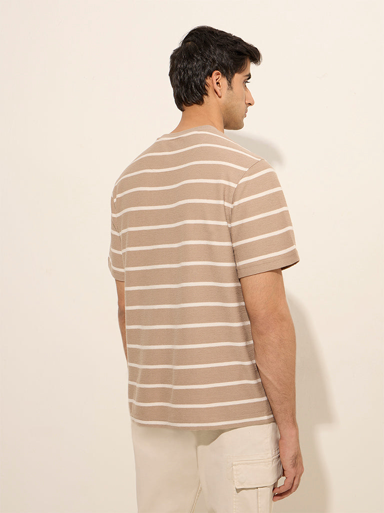 WES Casuals Beige Striped Relaxed-Fit Cotton T-Shirt