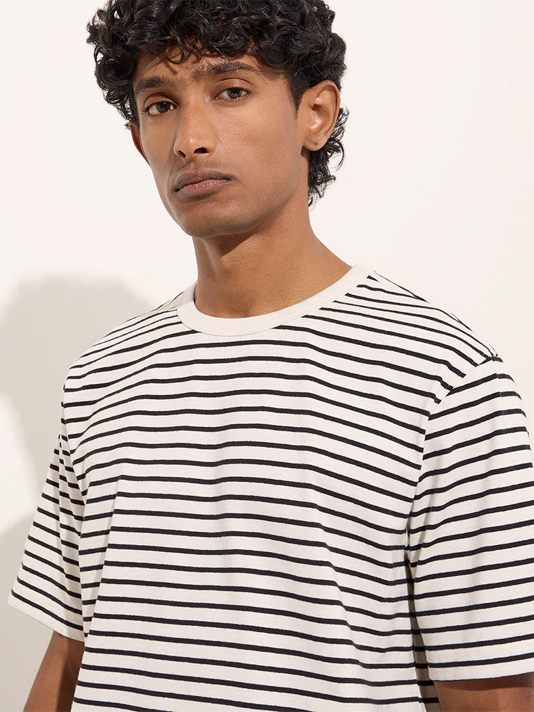 WES Casuals White Striped Relaxed-Fit Cotton T-Shirt