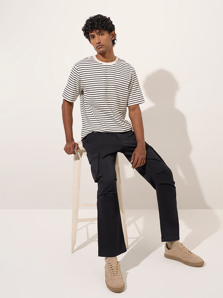 WES Casuals White Striped Relaxed-Fit Cotton T-Shirt